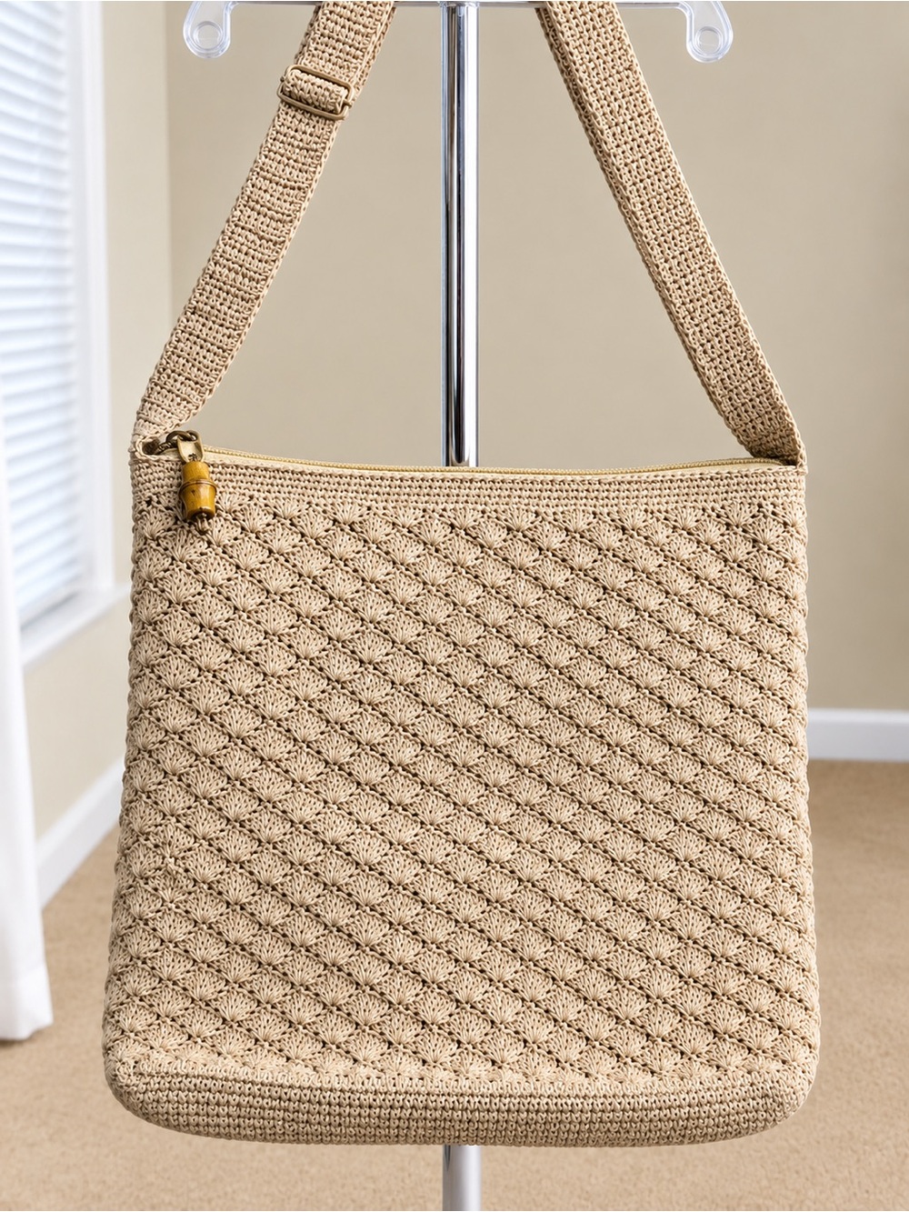 Liz Claiborne Neutral Crochet Shoulder Bag with Wooden Accent